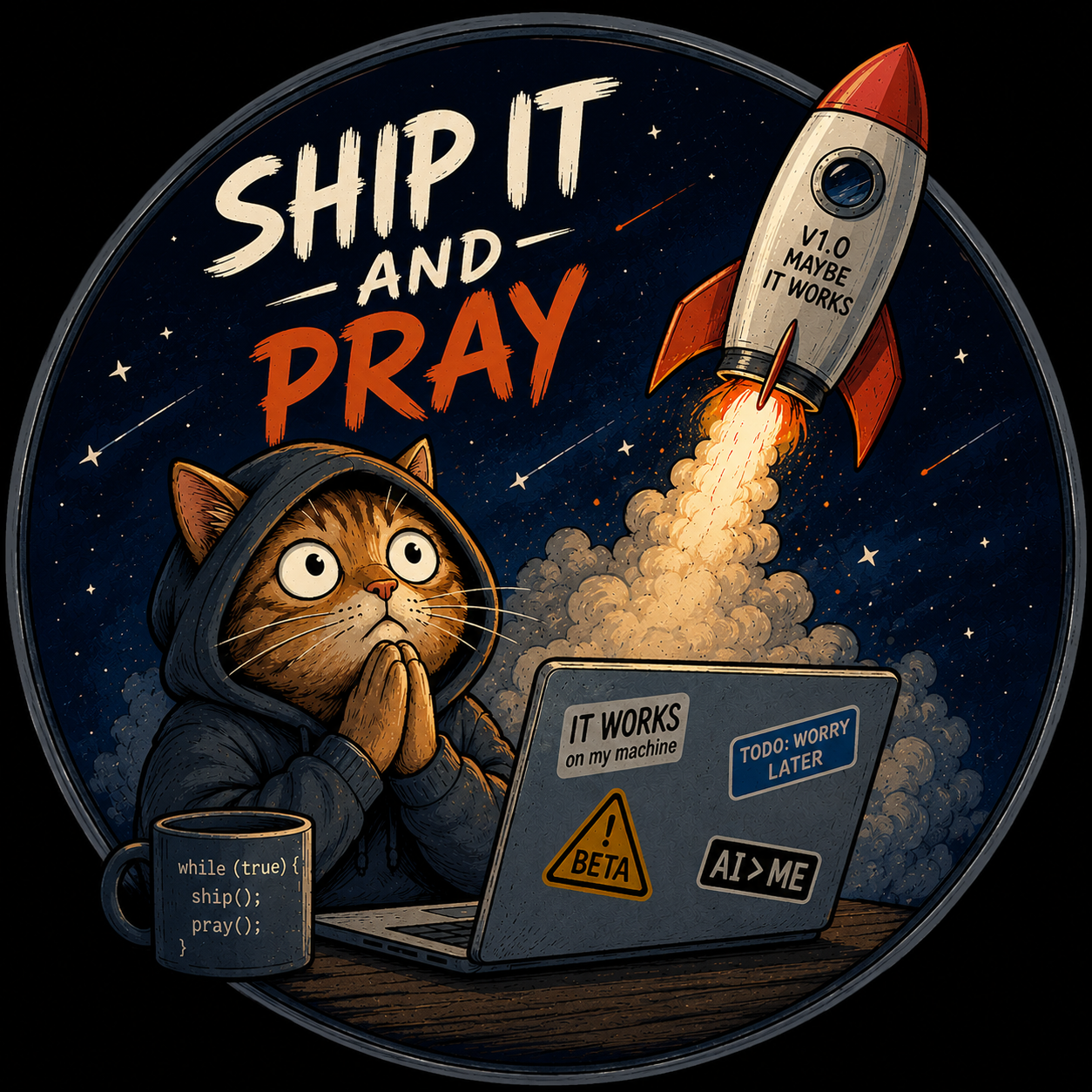Ship It and Pray: a hoodie-wearing cat prays at a laptop while a rocket labeled 'v1.0 maybe it works' launches behind it